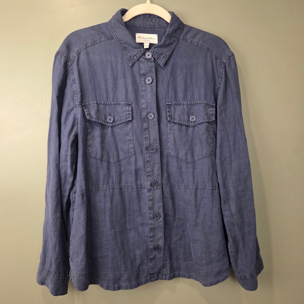 Michael Stars Women's 100% Linen Utility Button Up Shirt Navy Blue Size M